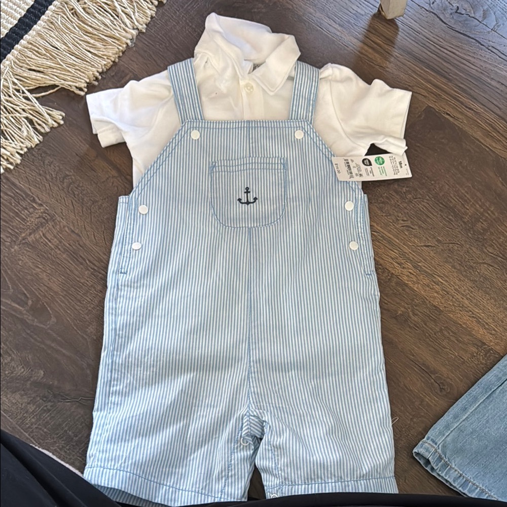 Blue Striped Baby Overalls with White Shirt & Anchor